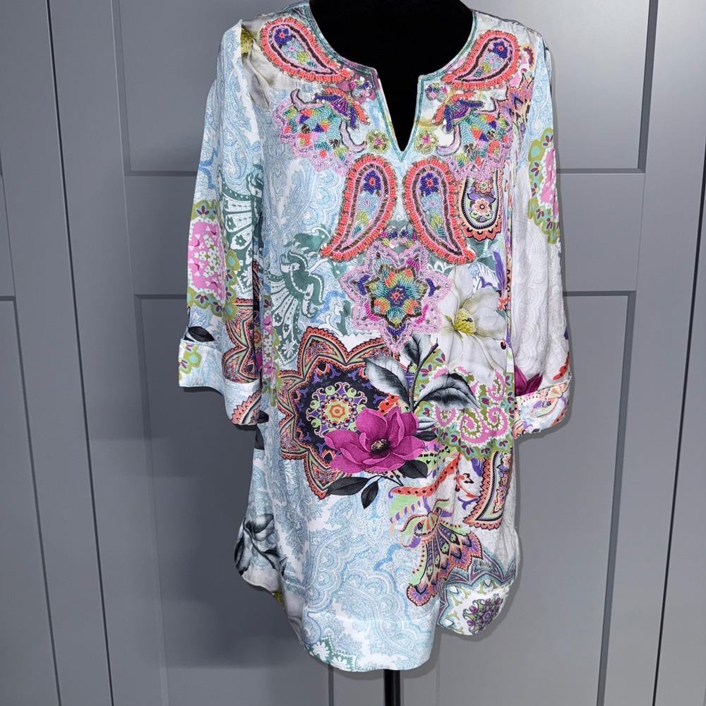 Soft Surroundings Beaded Paisley Floral Tunic Top Multi-Color 3/4 Sleeve Small